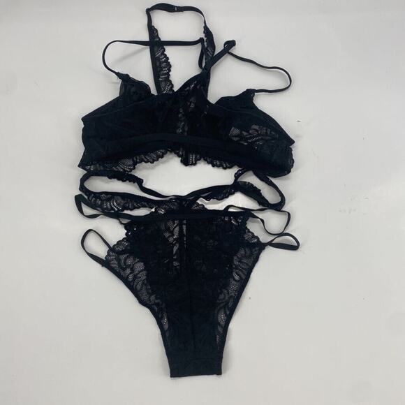 Adore Me Bra Set Womens Small Black Floral Lace Racerback Stretch Sheer Panty - Picture 4 of 8